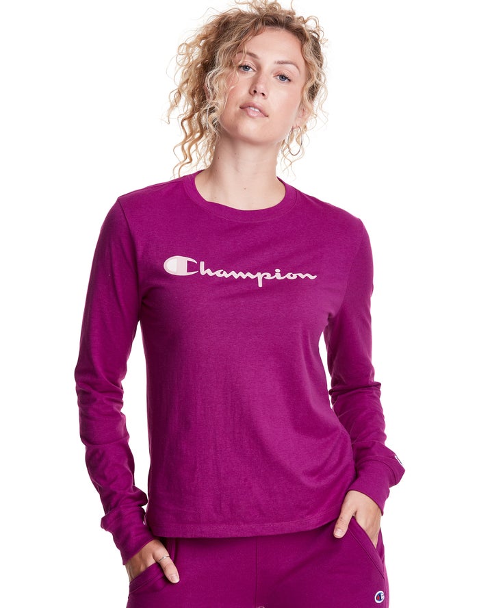 Champion Womens T-Shirt NZ - Classic Long-Sleeve Script Logo Pink ( 7346-WYDFQ )